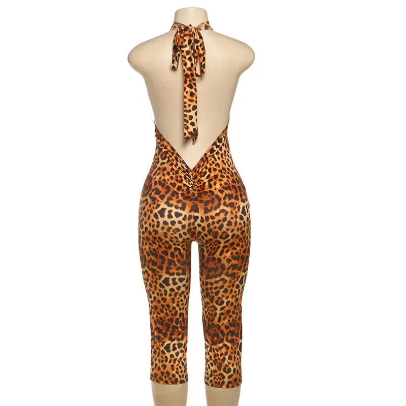 Sunset Park Dots Print Lace Up Halter Backless Skinny Knee Length Jumpsuits