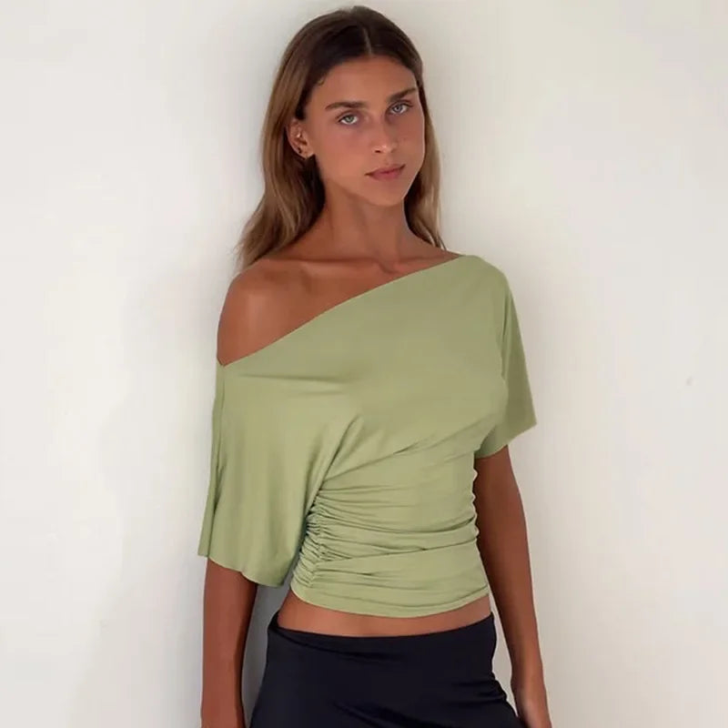 Weequahic One Shoulder Fashion Slim Shrink Sleeve Solid Pullover Tops