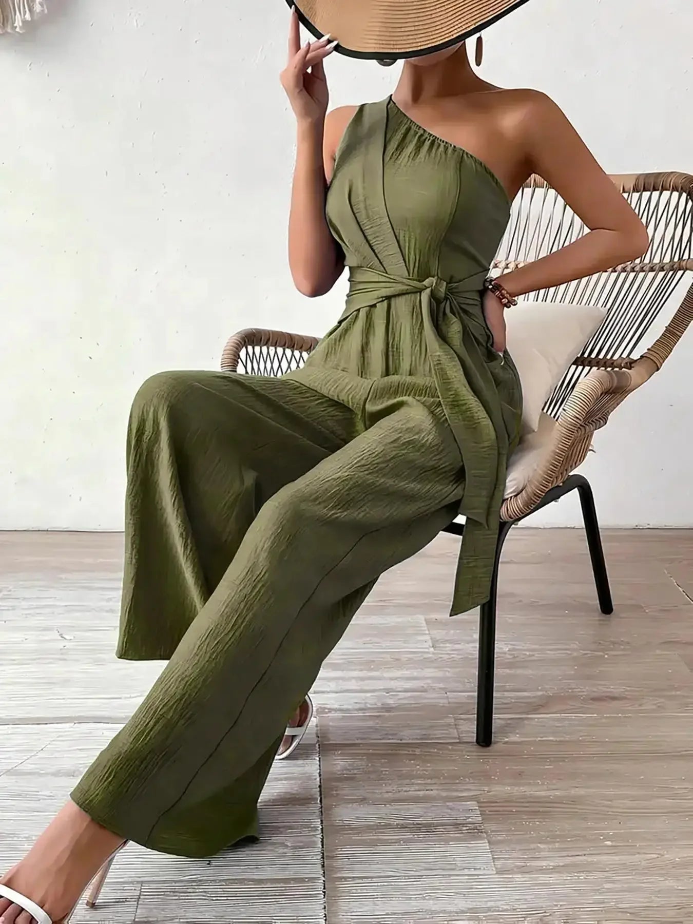 Detroit Fashion Sleeveless Diagonal Collar High Waist Lace-up Wide Leg Jumpsuits