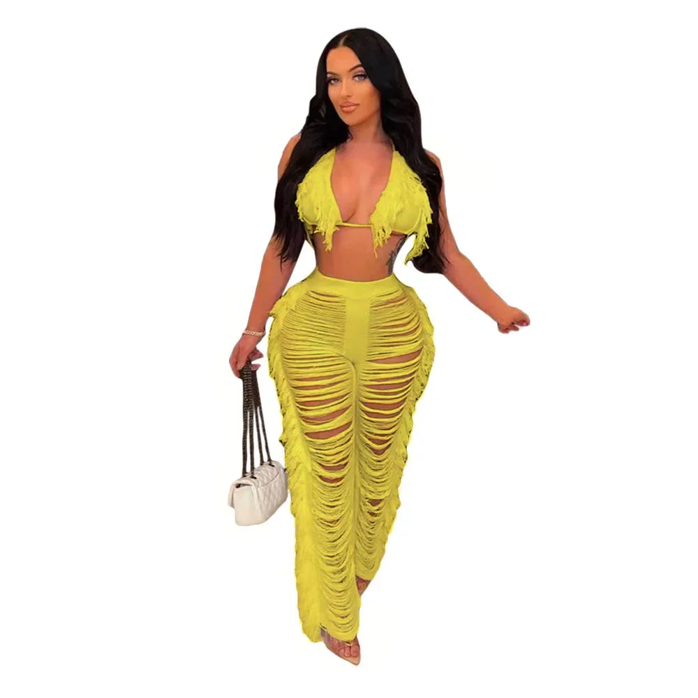 Maya Sexy Beach Tassel Crop Hole Wide Leg Two Piece Sets
