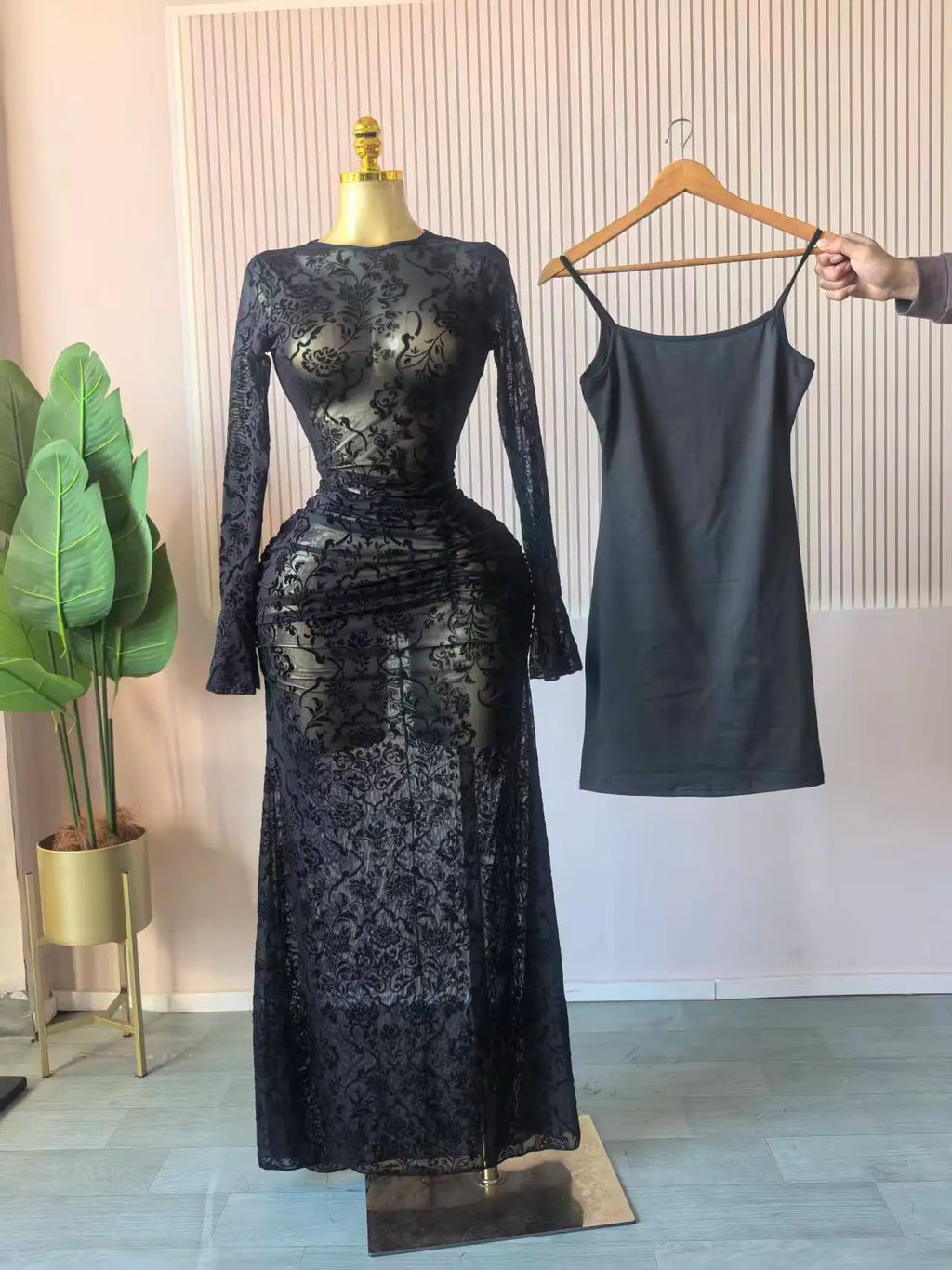 Peru Long Sleeve Stacked Mesh See Though with Lining Bodycon Long Dress