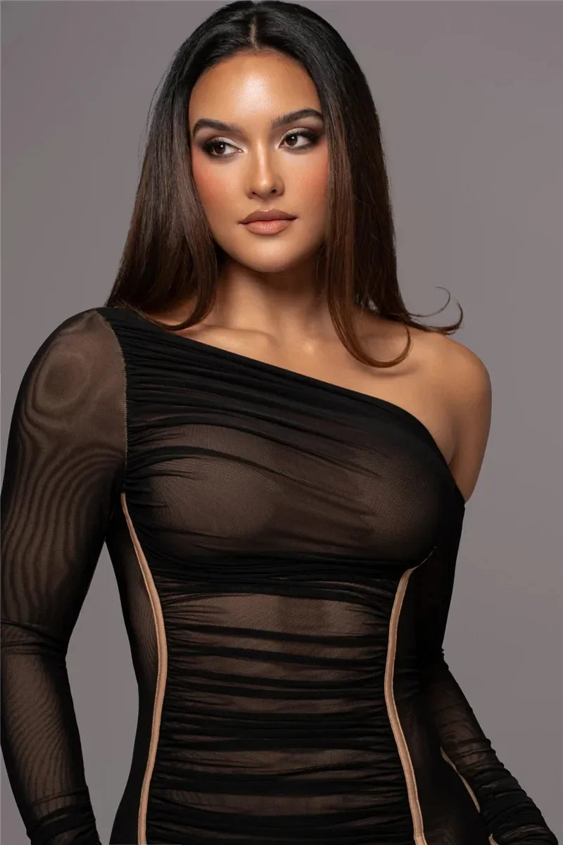 Dyker Heights Diagonal Collar Long Sleeve Mesh Backless Ruched Bodycon Midi Dress