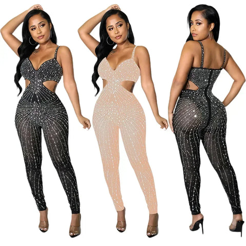 Gramercy Park Fashion Sexy Mesh Perspective Hot Drill Sleeveless Halter Jumpsuit