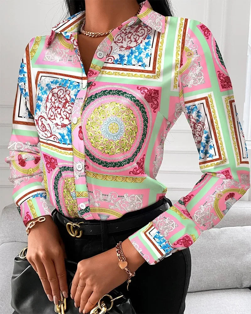 Tamaqua Wild Geometric Square Print Turn-Down Collar Long Sleeve Blouses