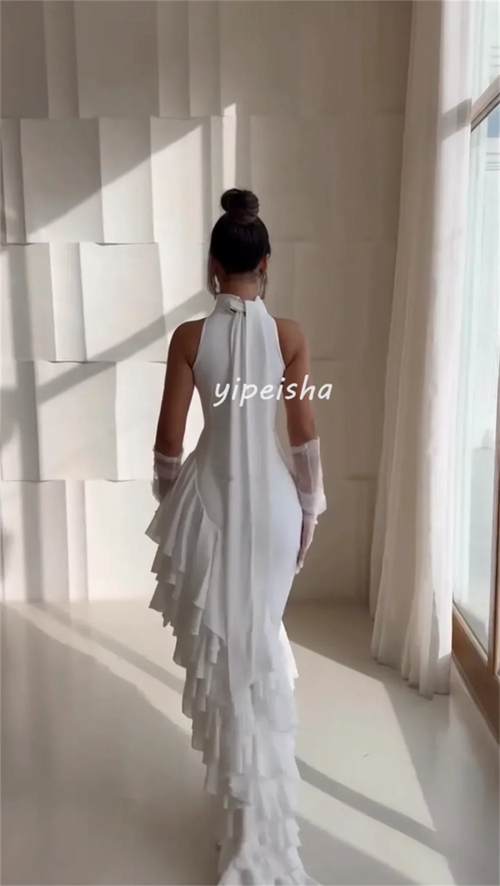 Wallington Modern Style Chiffon Ruched Ruffle Tiered Mermaid Scoop Neck Long Dresses