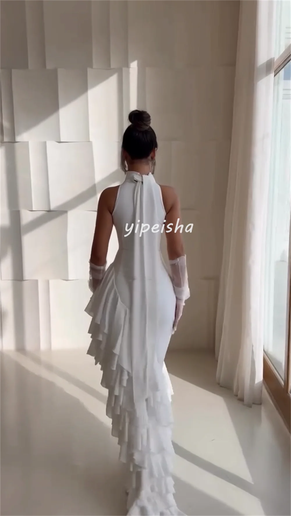 Wallington Modern Style Chiffon Ruched Ruffle Tiered Mermaid Scoop Neck Long Dresses