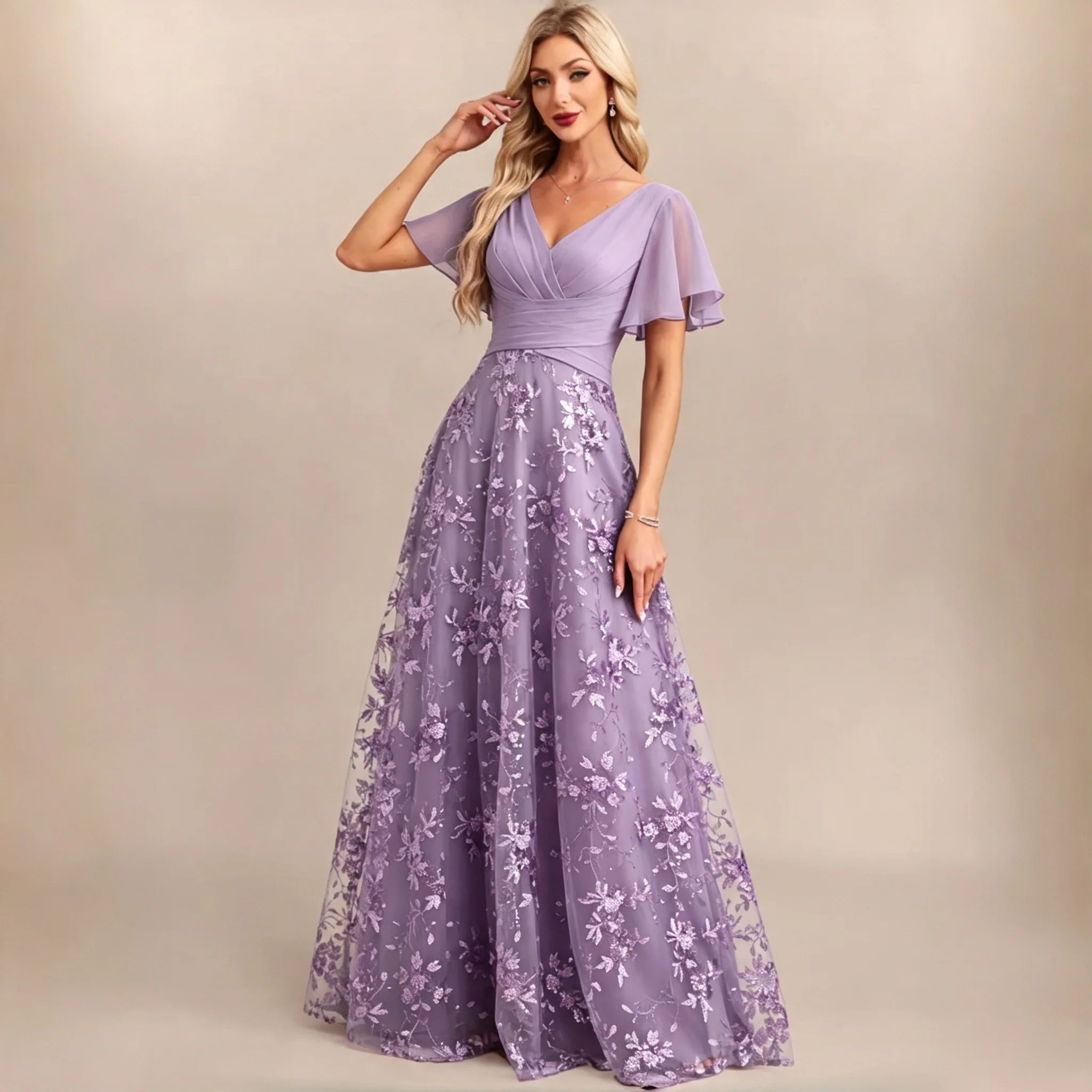 Neiba Dark Green V Neck Chiffon Flutter Sleeve Bridesmaid Ruched Waist Floral Sequin Dress