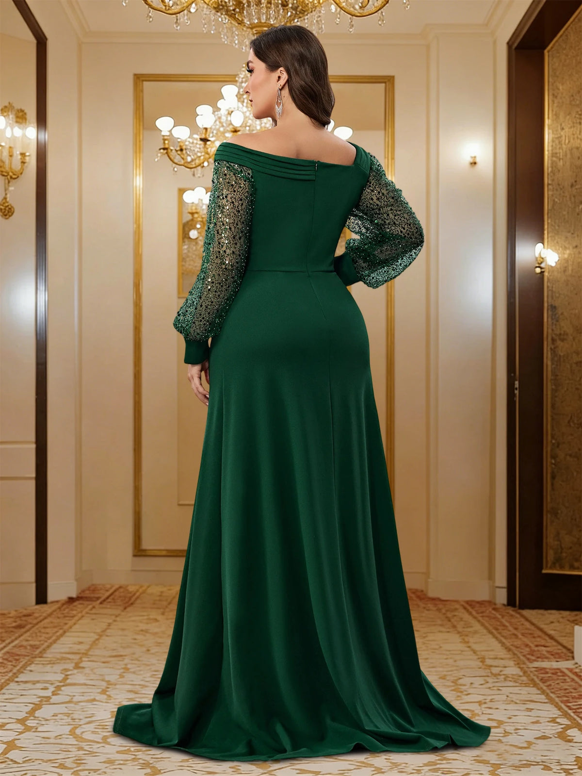 Santurce Plus Size Green Luxury Long Sleeves Formal Evening Dress