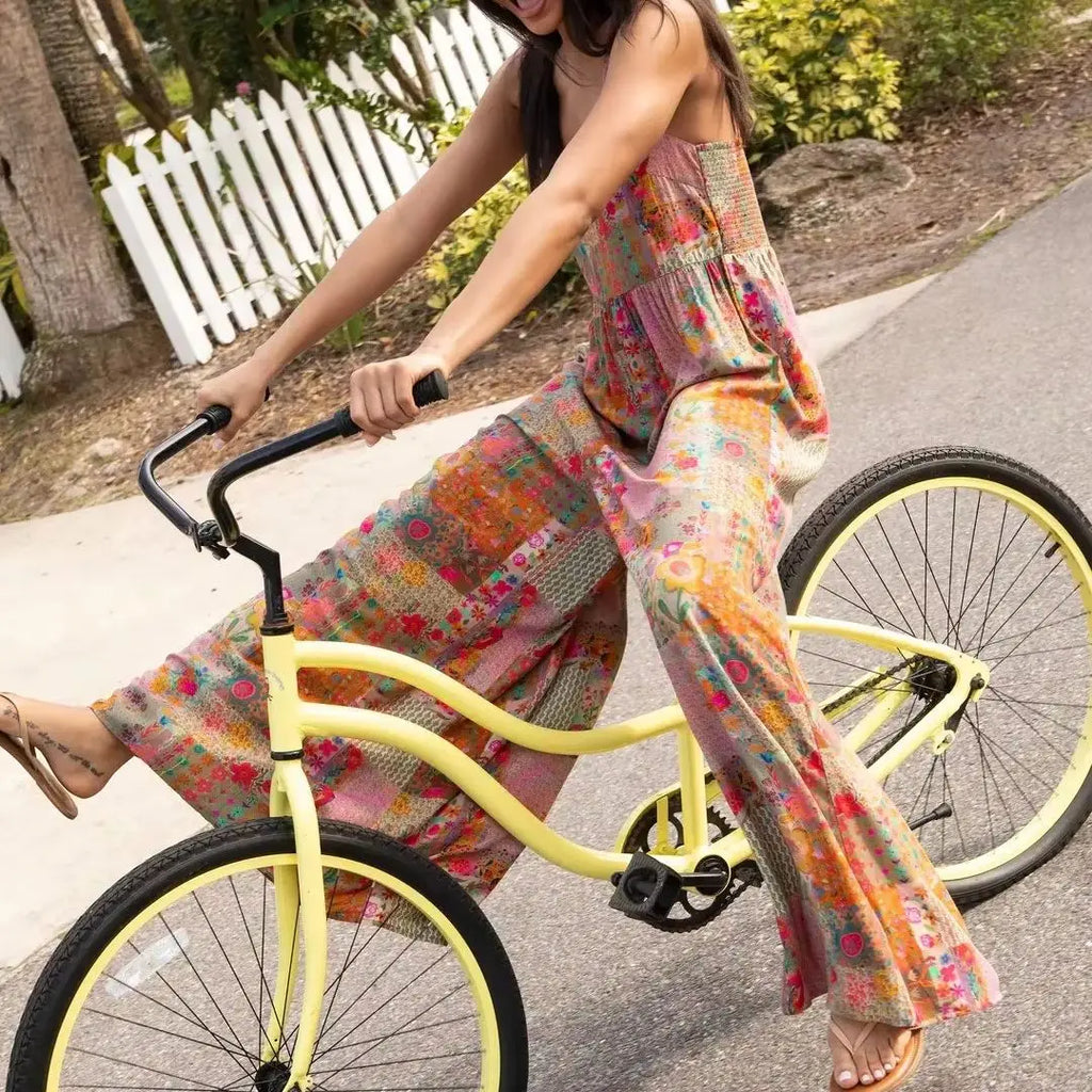 Plus Size Women Boho Floral Jumpsuit 2026 Summer Sleeveless Wide Leg Elastic Waist