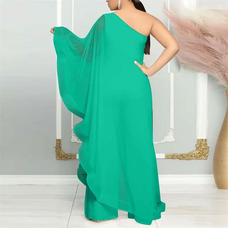 Oldwick Elegant Chiffon One Shoulder Wide Leg Jumpsuit