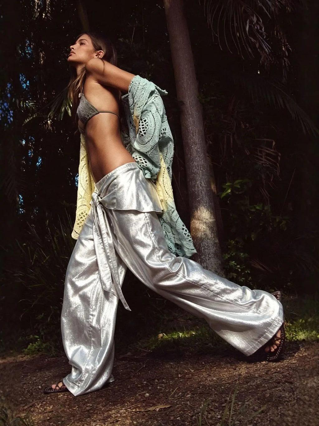 Boca Chica Tie Waist Foil Satin Wide Leg Boho Lazy Casual High Waist Pants