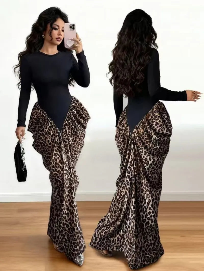 Brasil Plus Size Leopard Print Long Slimming Asymmetrical Floor-Length Dress