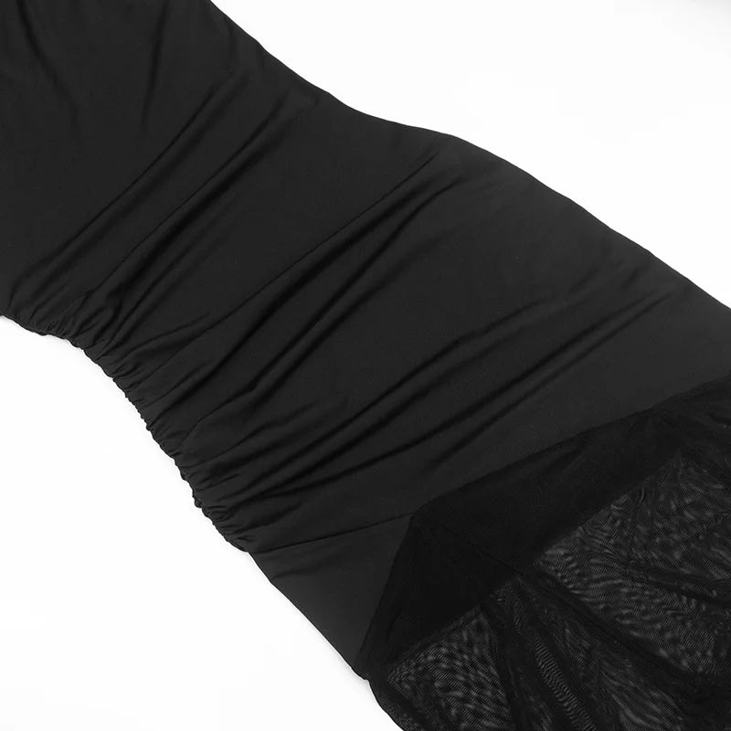 Helmetta Off Shoulder See Through Solid High Waist Patchwork Backless Slim Long Dress
