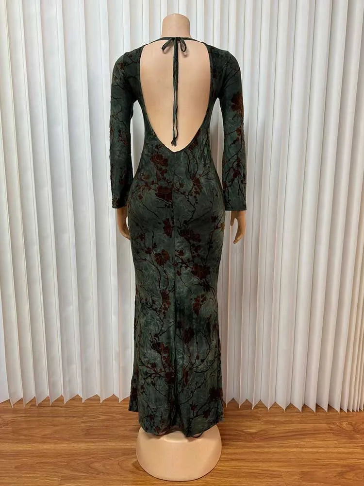 Elegant Backless Long Sleeve Sexy Slimming Dress with A Slit on The Leg