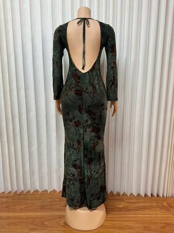 Elegant Backless Long Sleeve Sexy Slimming Dress with A Slit on The Leg
