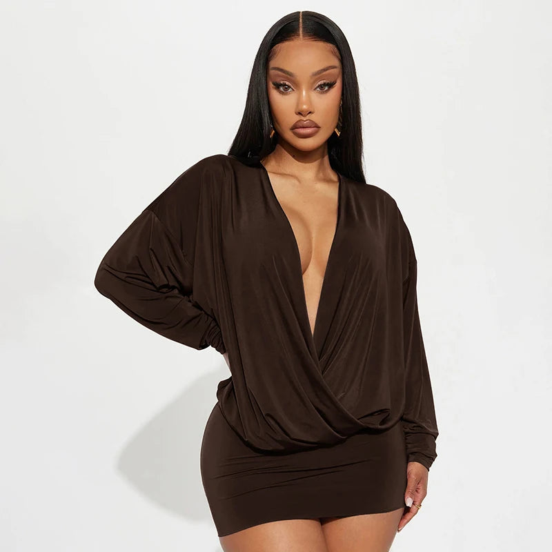 Elegant Peach Hip Full Sleeve Banquet Clubwear Skinny Mini Bodycon Dress