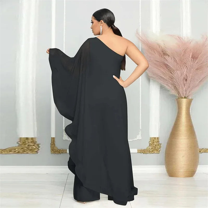 Oldwick Elegant Chiffon One Shoulder Wide Leg Jumpsuit