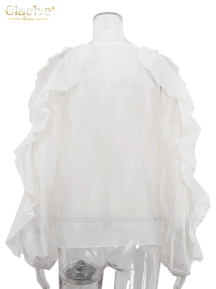 Slatington V-Neck Long Sleeve Elegant Classic Ruffle Solid Top