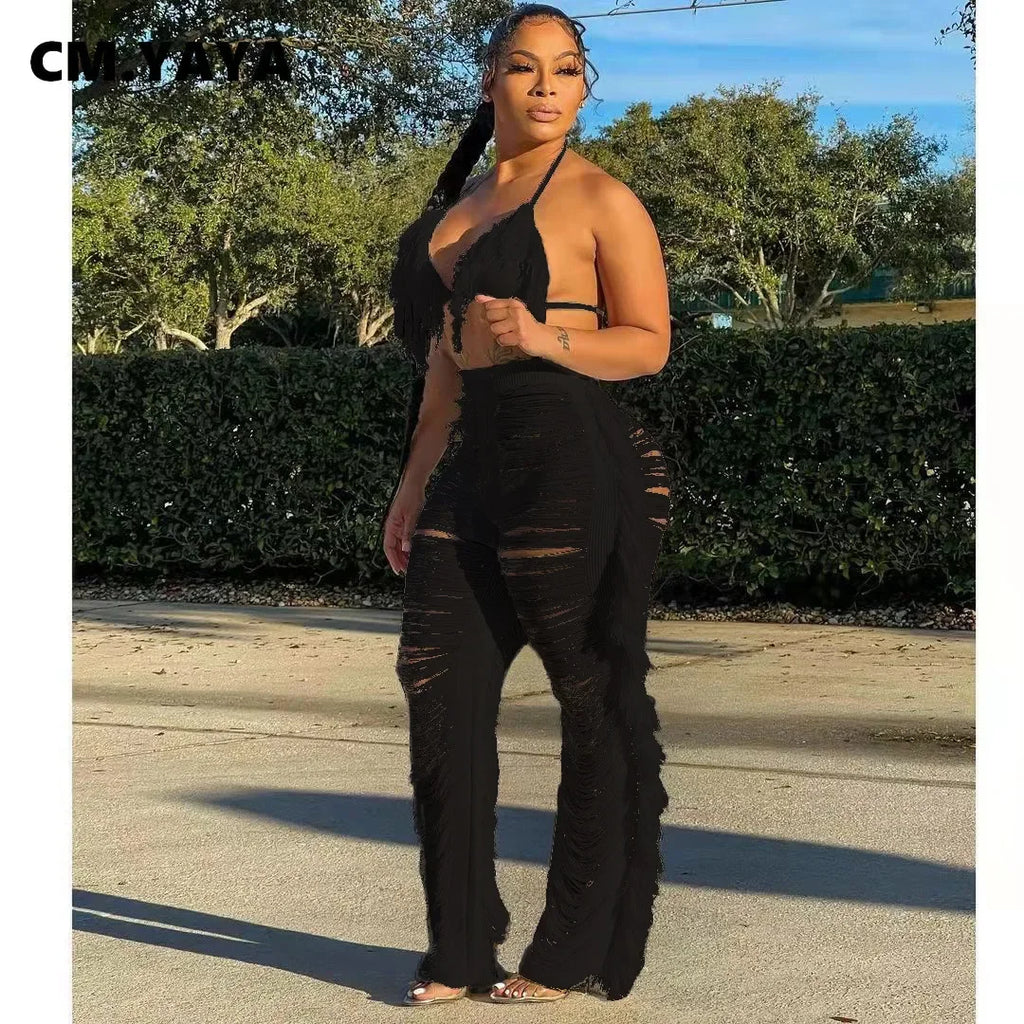 Maya Sexy Beach Tassel Crop Hole Wide Leg Two Piece Sets