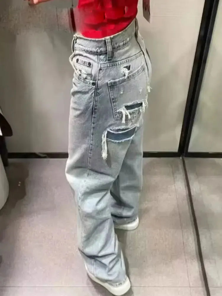 Jeans For Women 2024 Denim Solid Loose Zipper Fly Female Hole Trouser