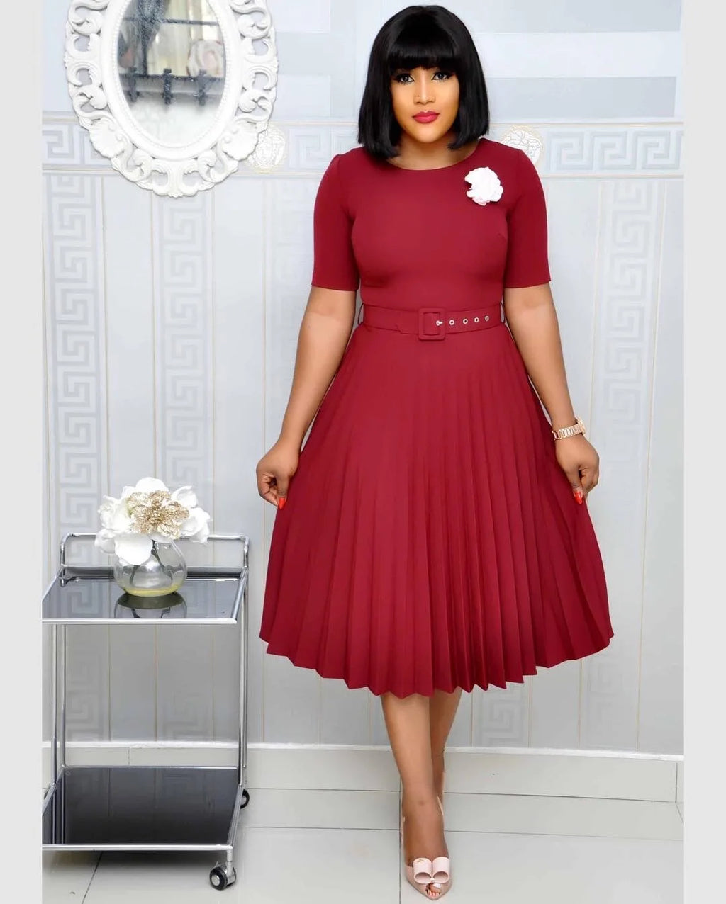 Cincinnati Plus Size Pleated Ladies O Neck Solid With Belt Mid-Calf Office Dress
