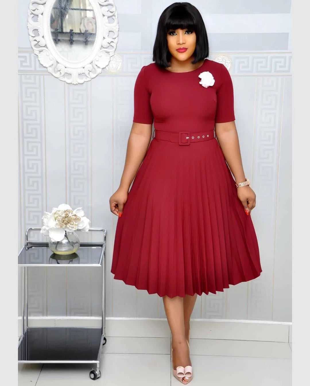 Cincinnati Plus Size Pleated Ladies O Neck Solid With Belt Mid-Calf Office Dress