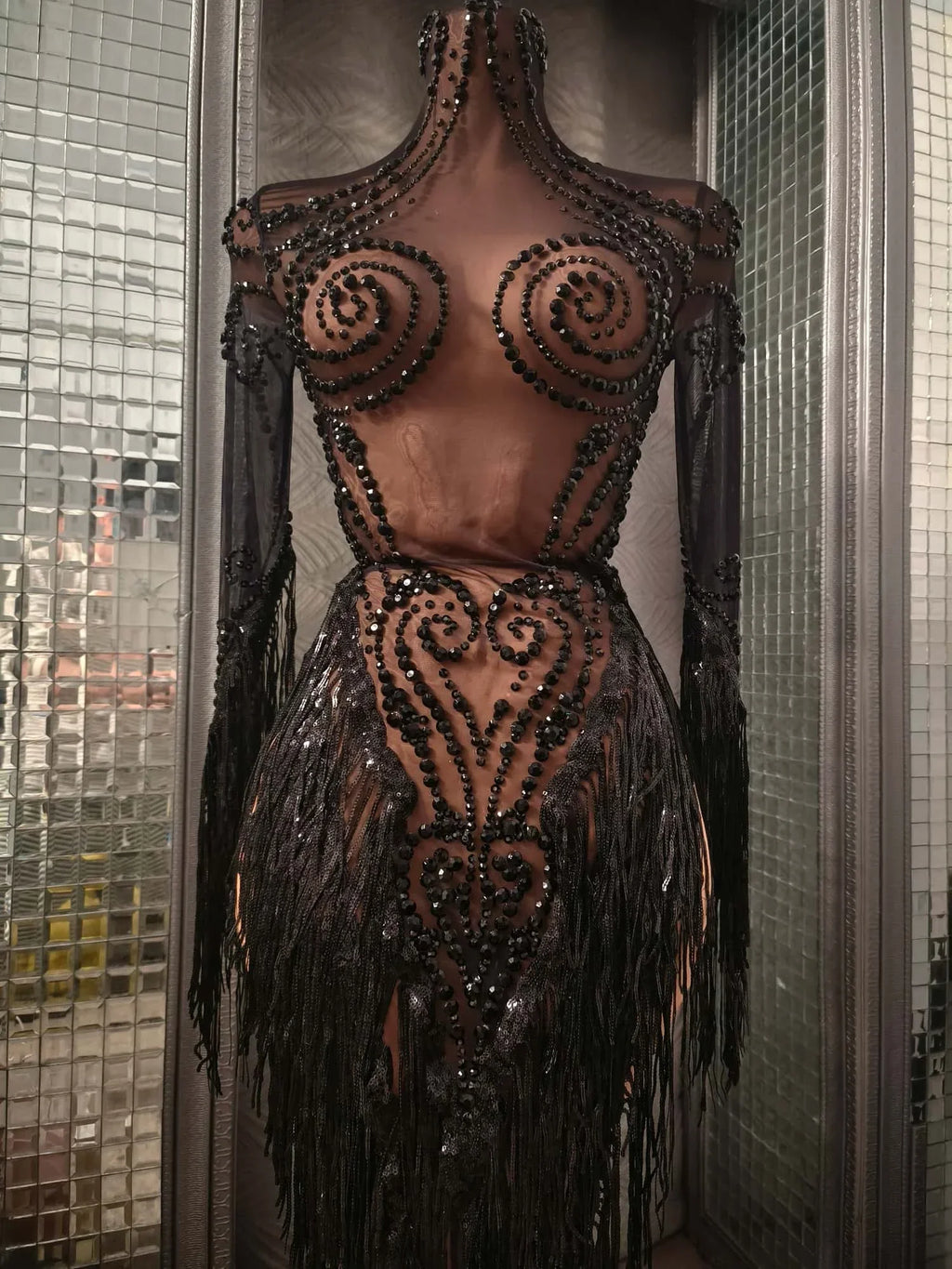 Carbondale Sparkly Rhinestone Tassel See Through Mesh Mini Dress