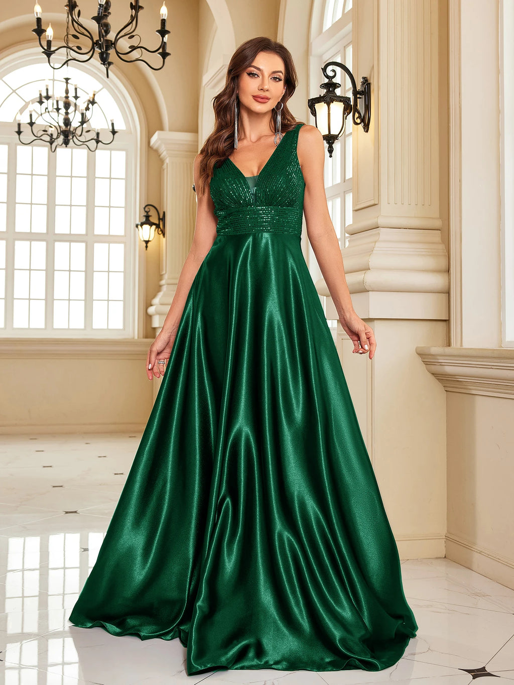 Oklahoma Elegant Sequins Evening Deep V-neck Satin Prom Party Dress