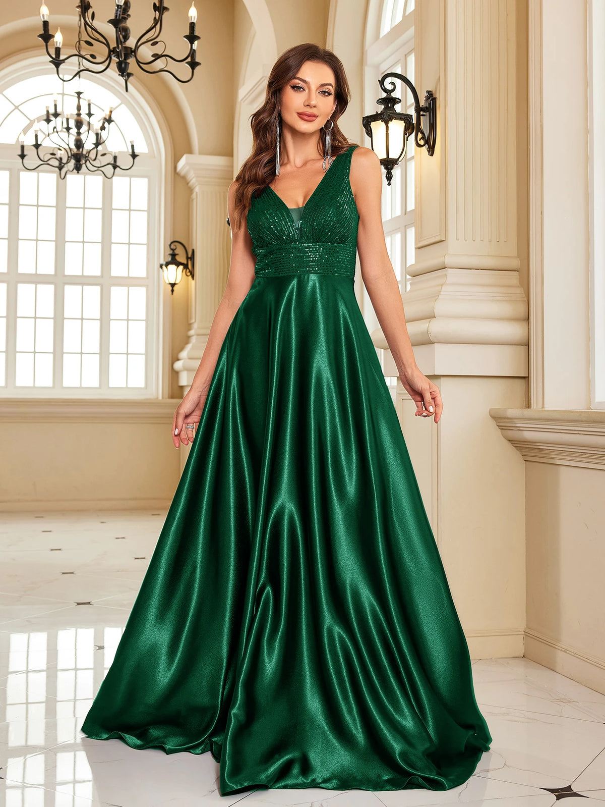 Oklahoma Elegant Sequins Evening Deep V-neck Satin Prom Party Dress