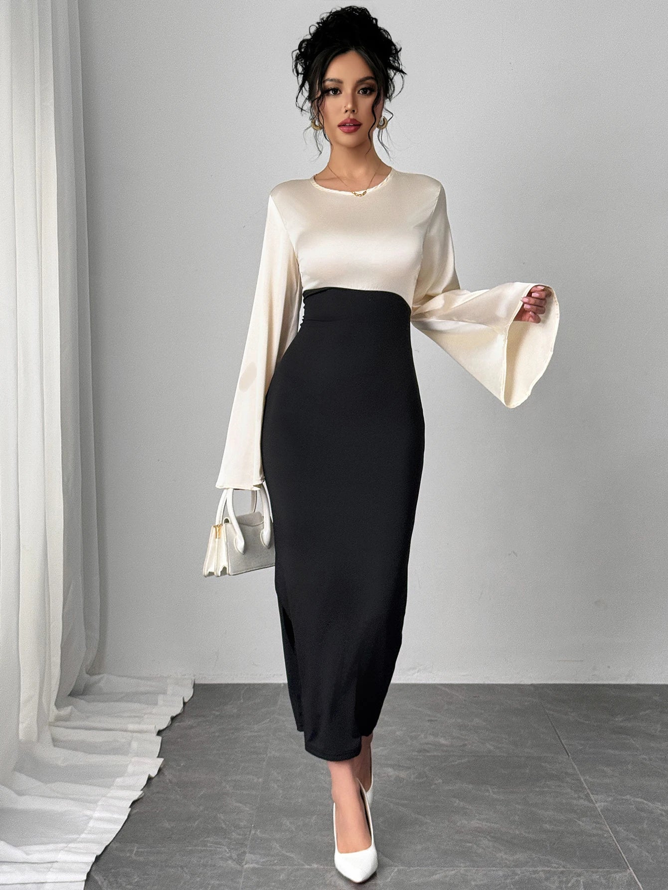 Piscataway Bell Sleeve Color Block Satin Bodycon Casual Elegant Dress