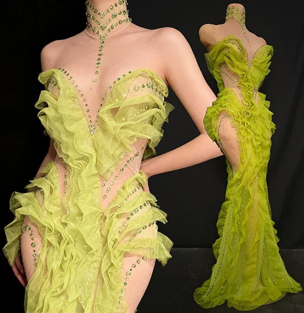 Middlesex Elegant Sparkly Green Rhinestones Mesh Sheer Ruffle Maxi Dress