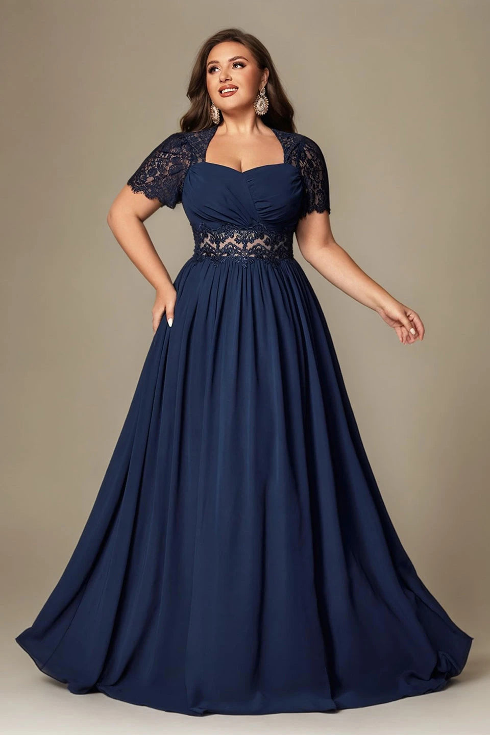 Paterson Plus Size A Line Lace Short Sleeved Formal Evening Gown Sheer High-Waisted Maxi Dress