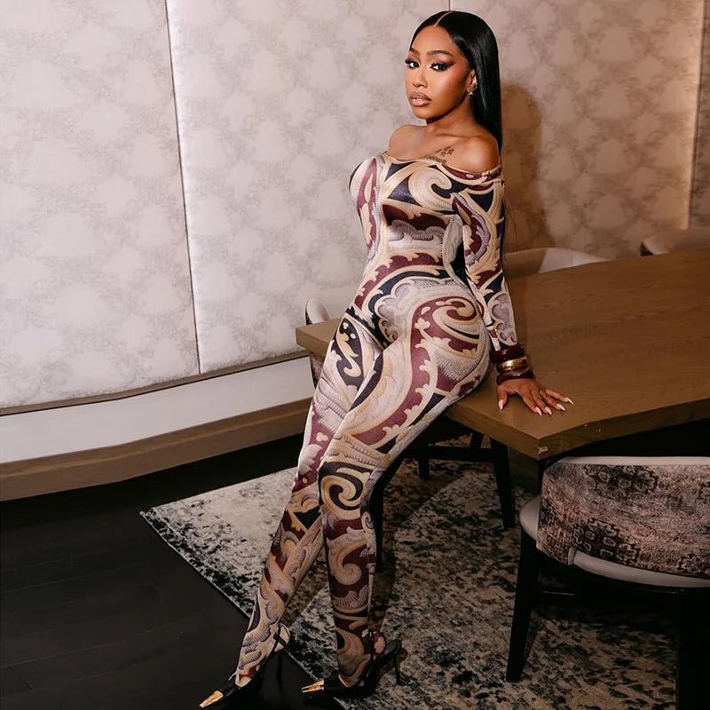 Soho Print One Shoulder Long Slimming Cross Border Jumpsuit