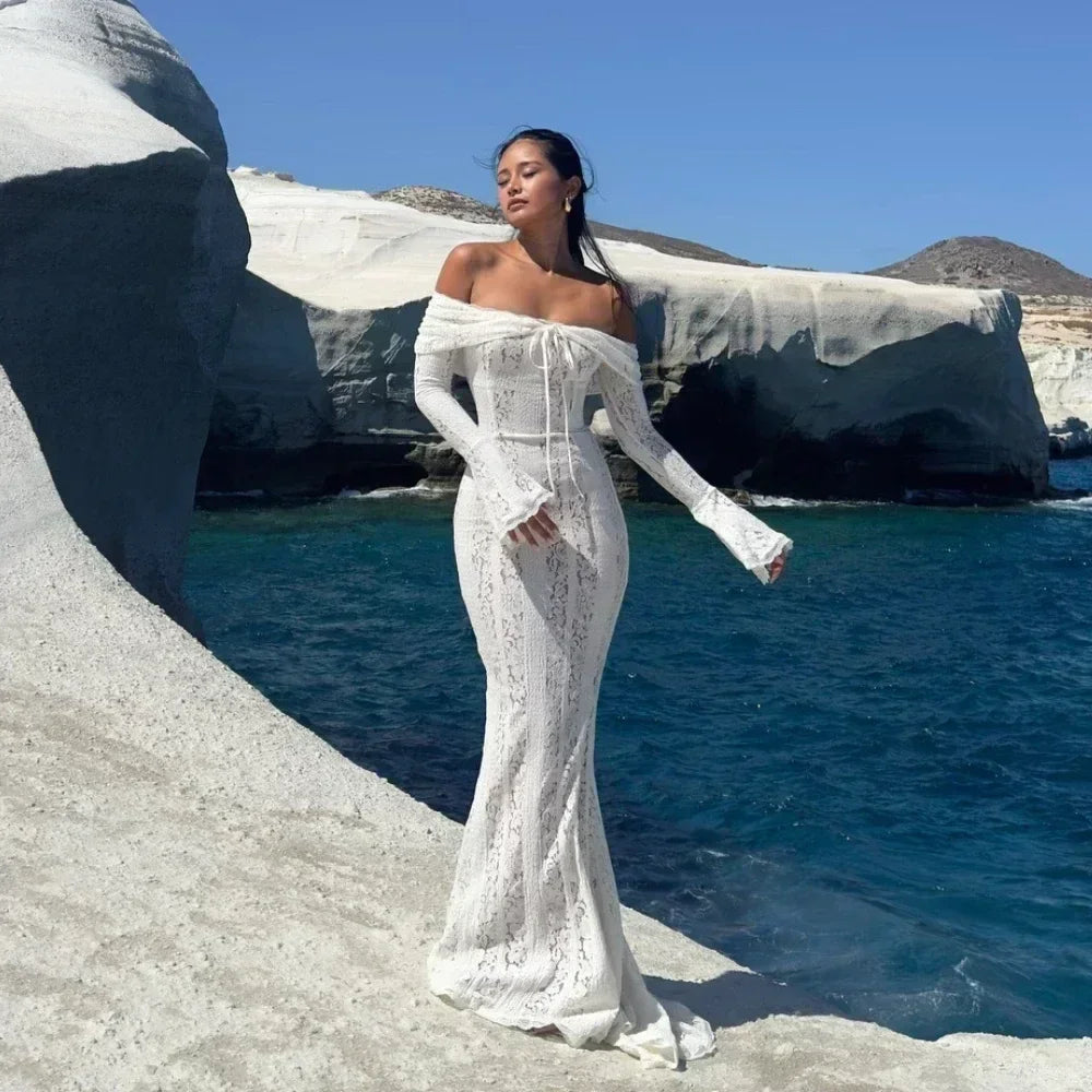 Grafton Suninheart White Evening Long Sleeve Lace Elegant Party Dress