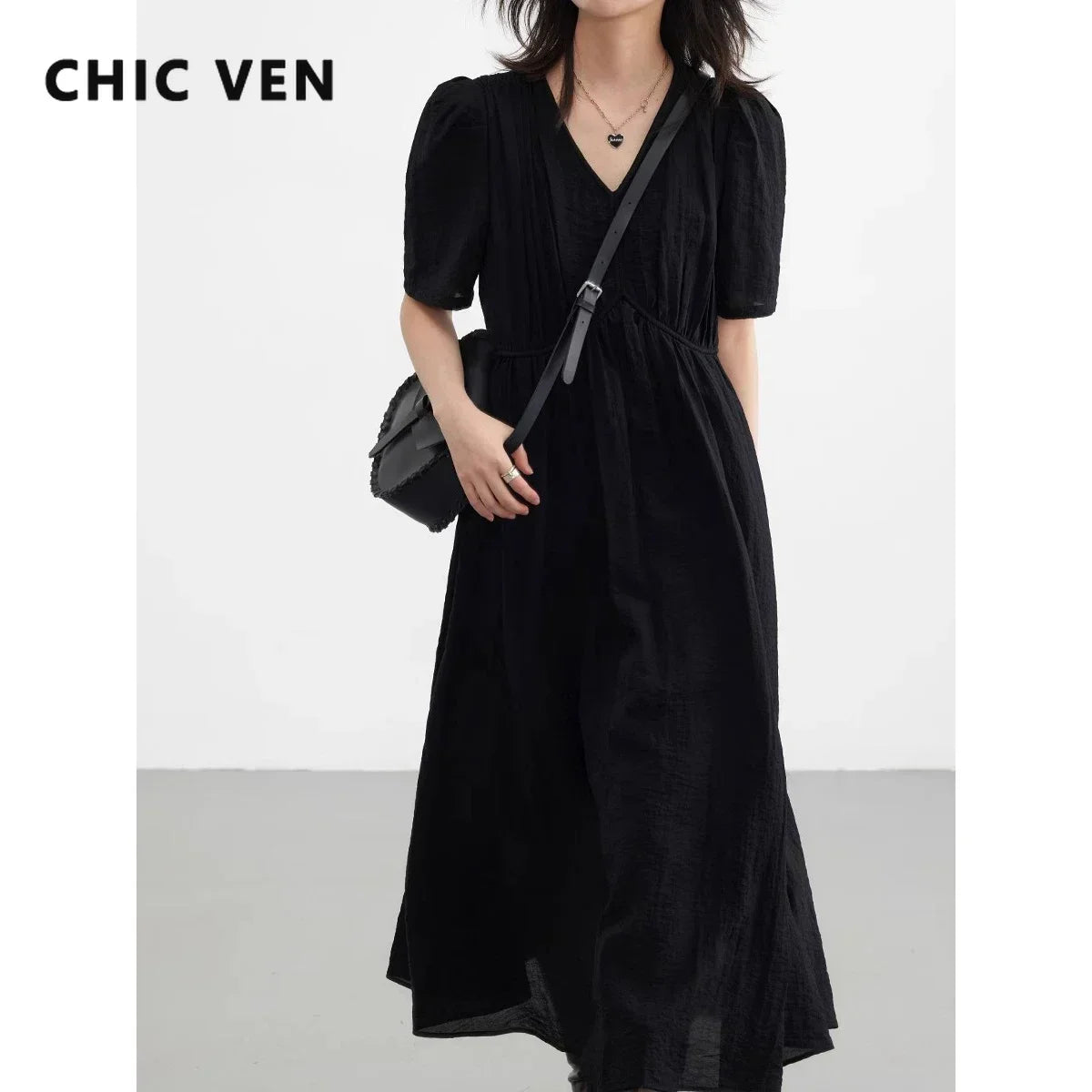 French Style Vintage V Neck Puff Sleeve Solid Black Loose Long Dress