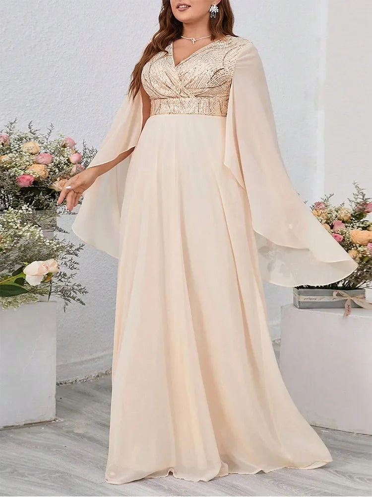 Athena Plus Size V Neck  Sequin Loose Long Ruffled Chiffon Maxi Dress