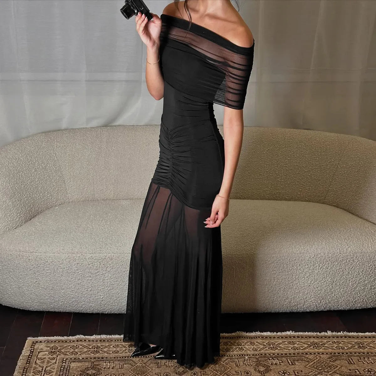 Cowen Off Shoulder Mesh Apricot See Through Ruched Dress