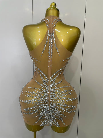 Elmira Rhinestones Sexy Mesh See Through Dress Party Evening Dress