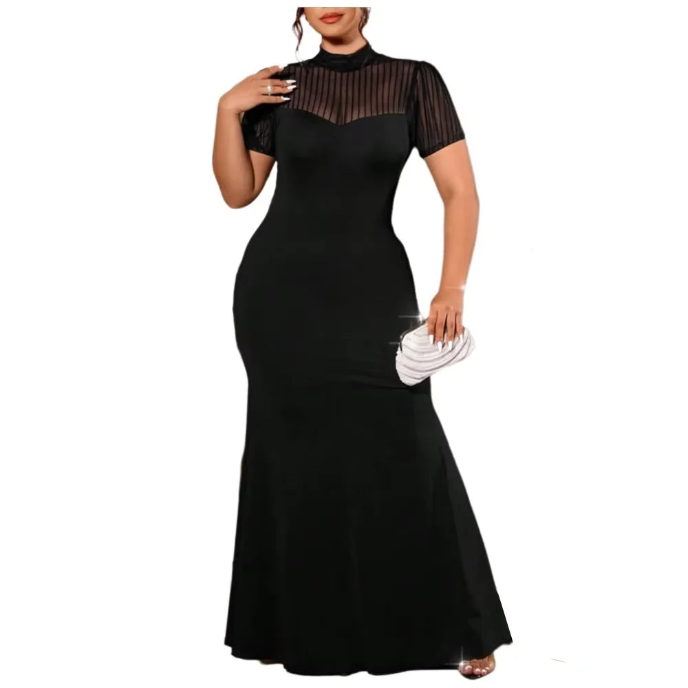 Ceuta Plus Size Mesh High Neck Cap Sleeve Sheer Gown Frock Slim Fit Casual Dress