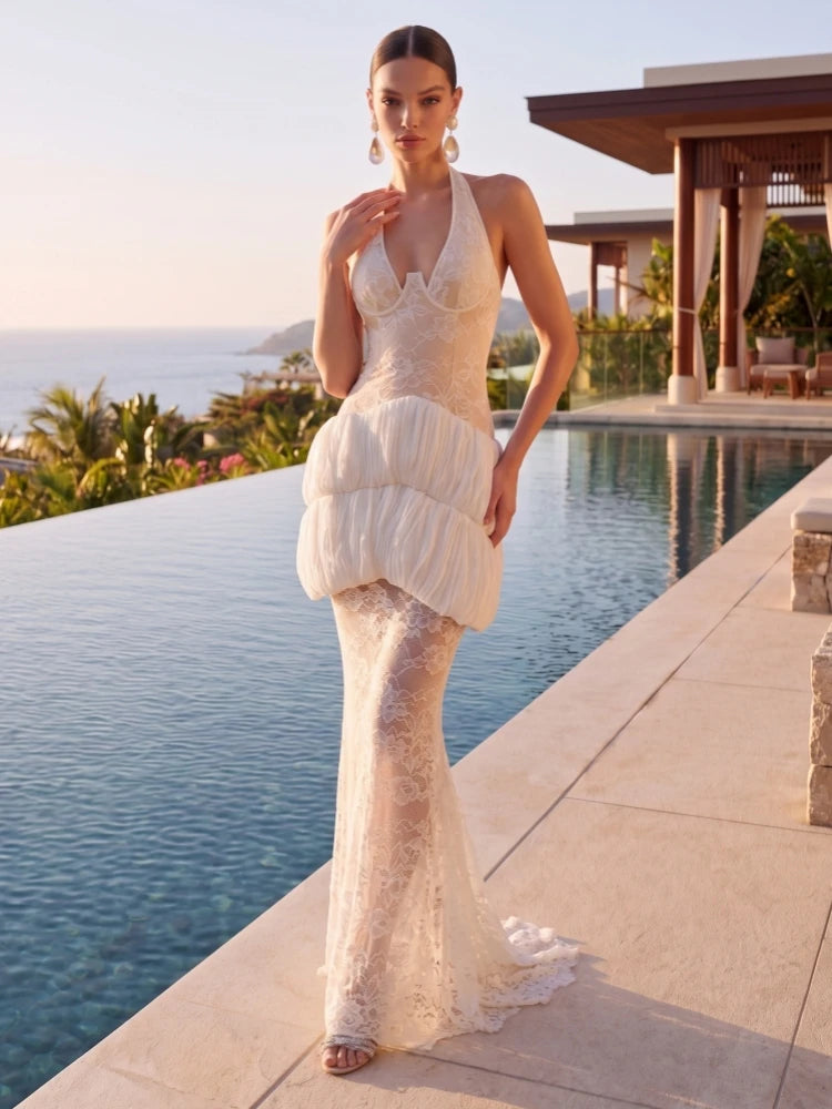 Cotui Sexy Halter Neck Lace Patchwrok Tiered Ruffles Long Backless Slim Dress