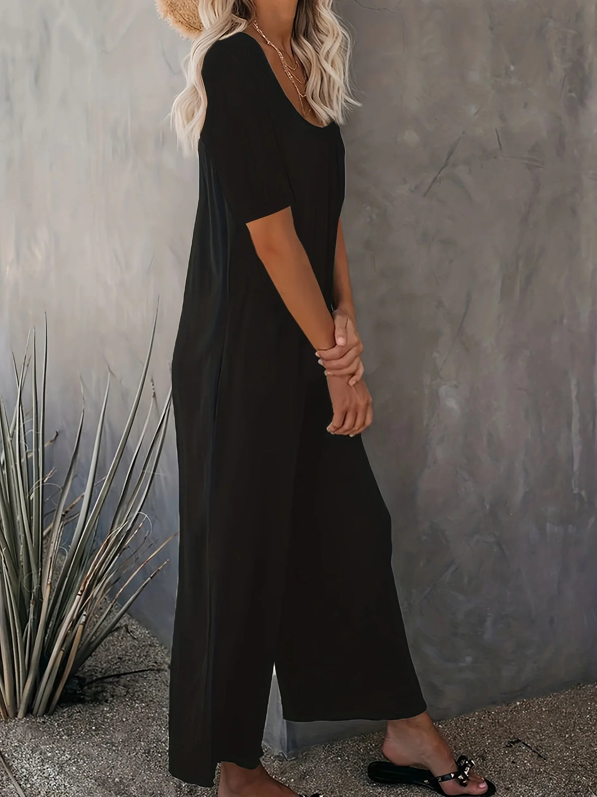 Plus Size Summer Women's Solid Color Jumpsuit with Pockets Casual Fashion