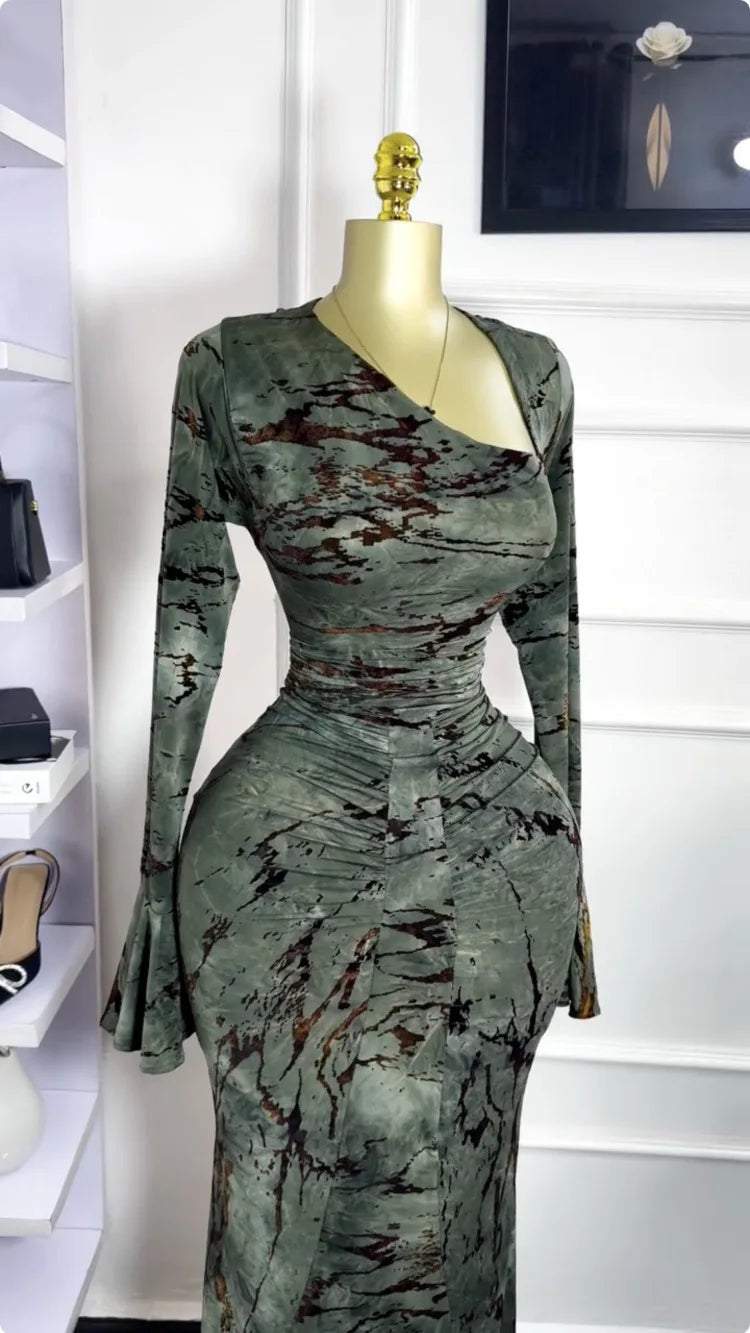 Vermella Printed Skew Neck Flare Long Sleeve Ruched Long Dress