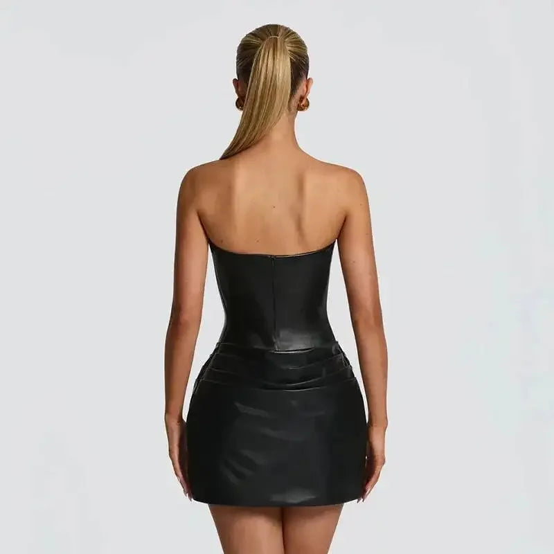 Ronkonkoma PU Pleated Sleeveless Strapless Pleated Party Dress