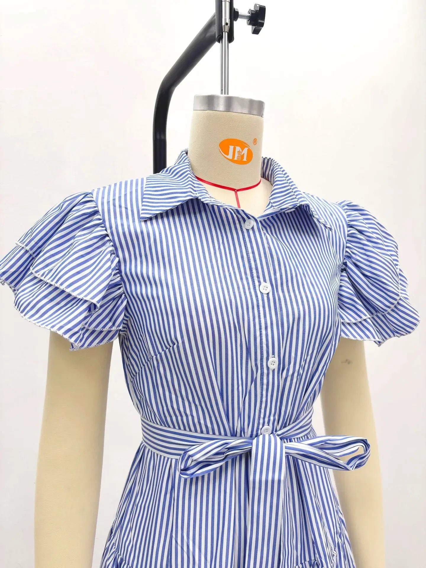 Rutherford Striped Butterfly Sleeve Loose High Waist Single Breasted Casual Long Dress