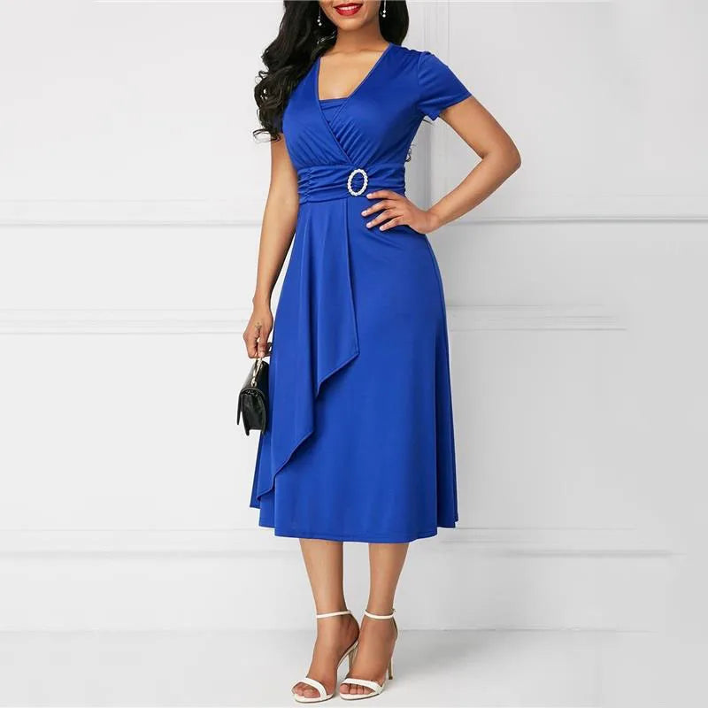 Seattle Solid Color Short Sleeve V Neck Asymmetric Hem Waist Midi Party Dress