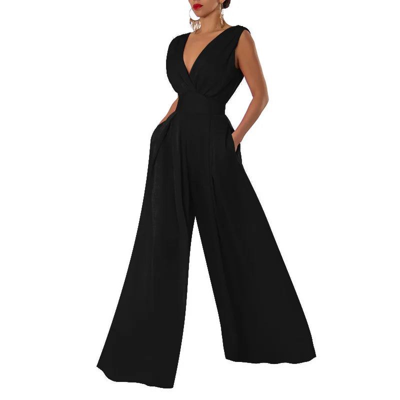 Slim Jumpsuit Women Slim Fits Sleeveless Tank Tops Rompers Jumpsuits V-neck Sexy High Waist Straight Wide Leg Pants Jumpsuits