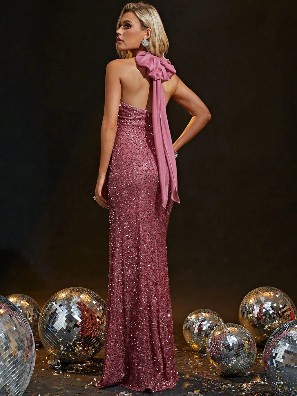 Canta La Rata Chiffon Cross Strap Sequined Fishtail High Slit Dress