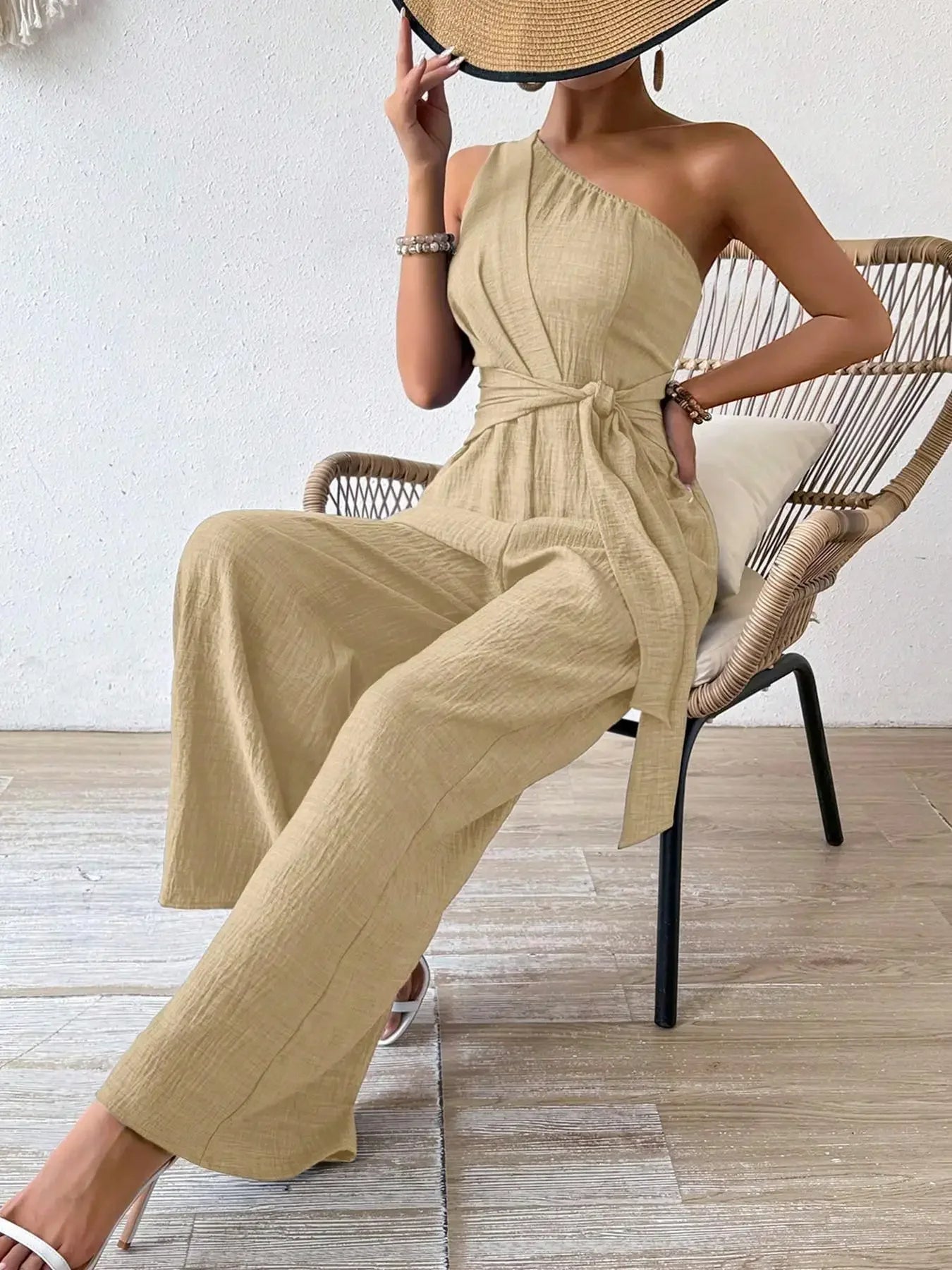 Detroit Fashion Sleeveless Diagonal Collar High Waist Lace-up Wide Leg Jumpsuits