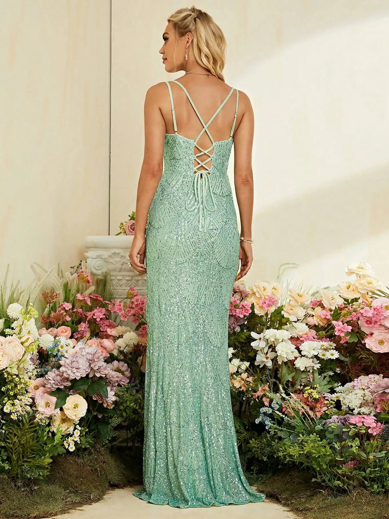 Hazleton Strapless V Neck Mesh Sheer Fishnet High Arcuate Dress