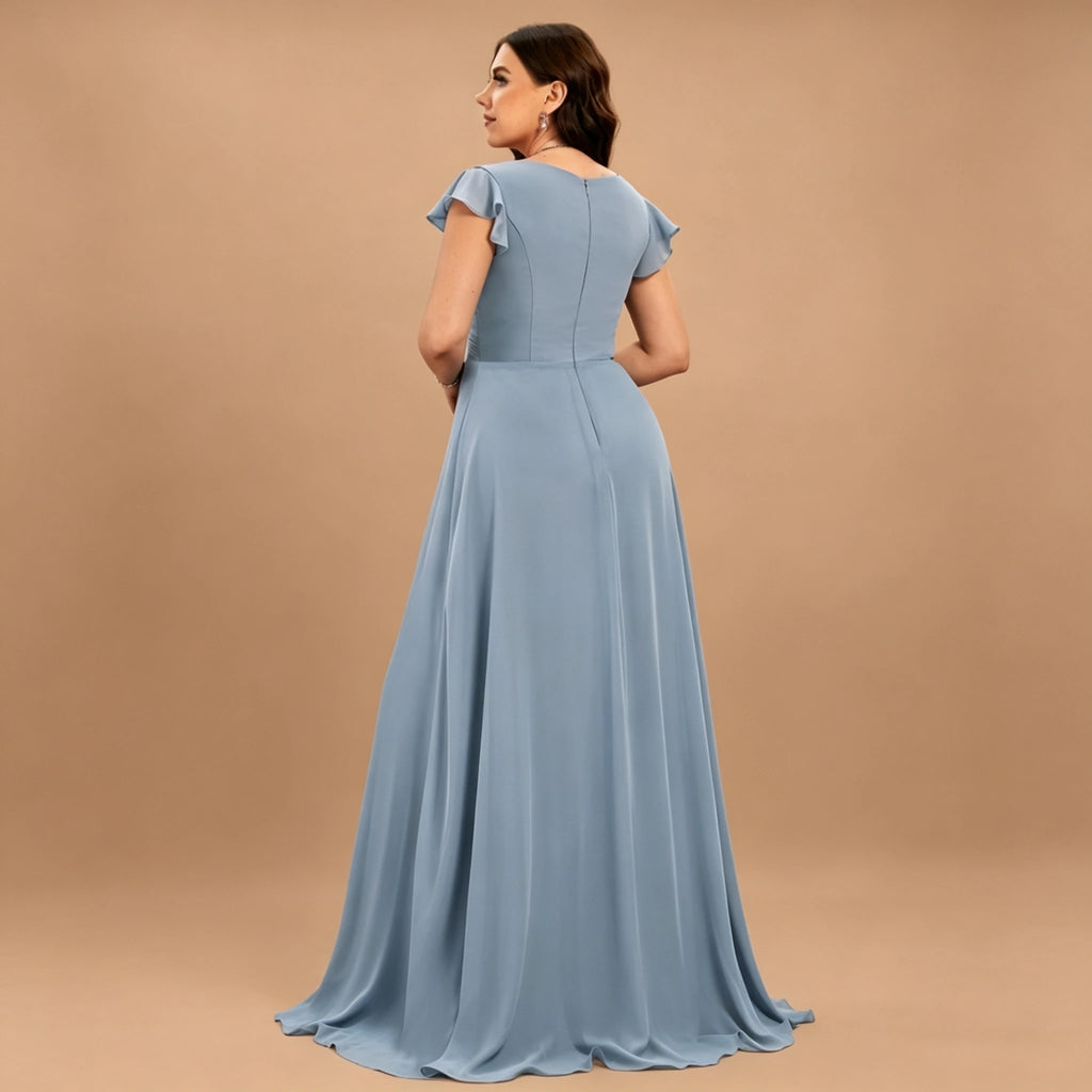 Long Island Plus Size Chiffon Evening Elegant V-Neck Ruffle Sleeve Formal Dress